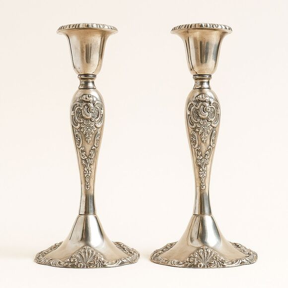 Vintage Godinger Silver Candlestick Holder Set of 2 Ornate Grape Victorian - Picture 1 of 9